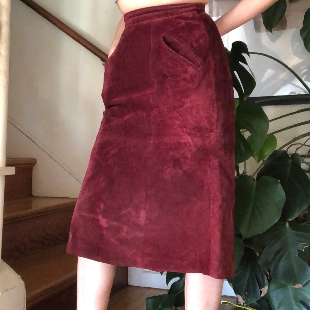 Vintage Genuine Leather Deep Red High Waisted Pencil Skirt 0 - Picture 4 of 16